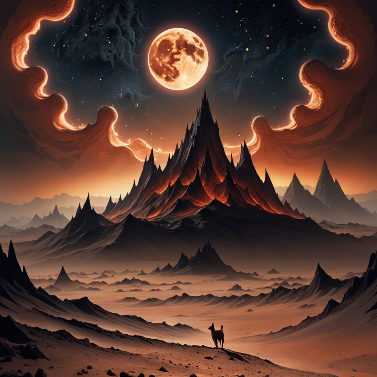 A surreal moonscape, where jagged peaks rise from a barren expanse of dust, and strange, otherworldly creatures prowl bene...